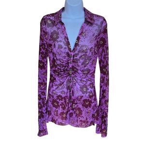 Free People Sheer Ruched Button Down Purple Floral Mesh Blouse coquette colorful